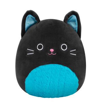 Squishmallows Eponine – črna mačka z neonsko modrim kosmatim trebuhom in bleščečimi ušesi, 20 cm