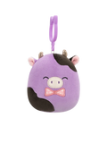 Squishmallows Clip-On Alexie – vijolična in črna krava z metuljčkom, 9 cm