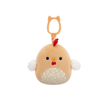 Squishmallows Clip-On Rutie – rjavi petelin s cvetličnim trebuhom, 9 cm