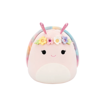 Squishmallows Silvina – rožnati polž z mavričasto hišico in krono iz rož, 20 cm