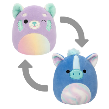 Squishmallows 2 v 1 Rožnata rdeča panda Lexis / Moder morski konjiček Romano, 13 cm