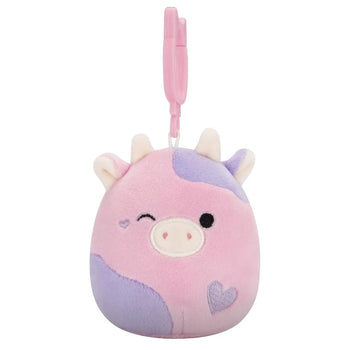 Squishmallows Clip-On Patty – mežikajoča rožnata in vijolična krava, 9 cm